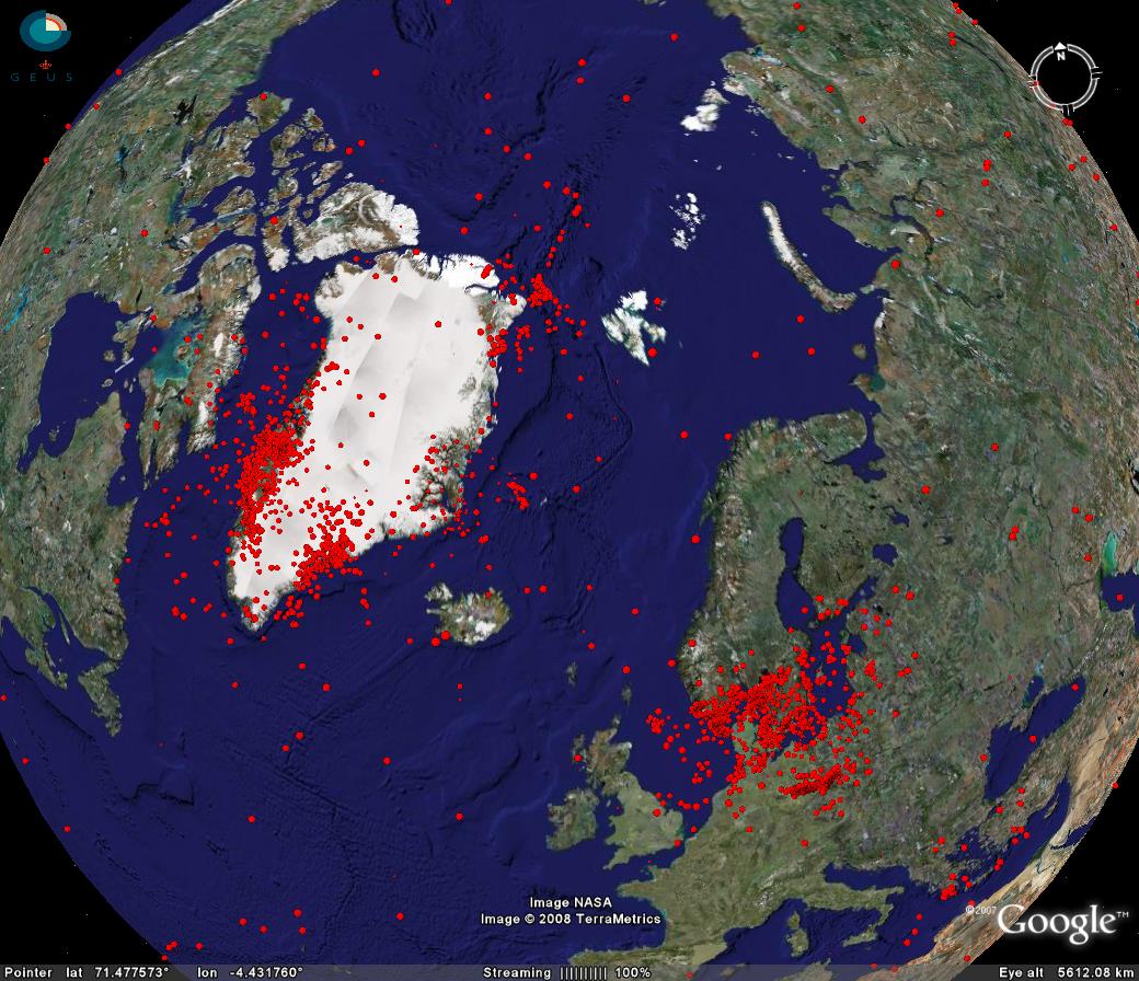 Satellite image including Greenland and Denmark with points showing epicenters